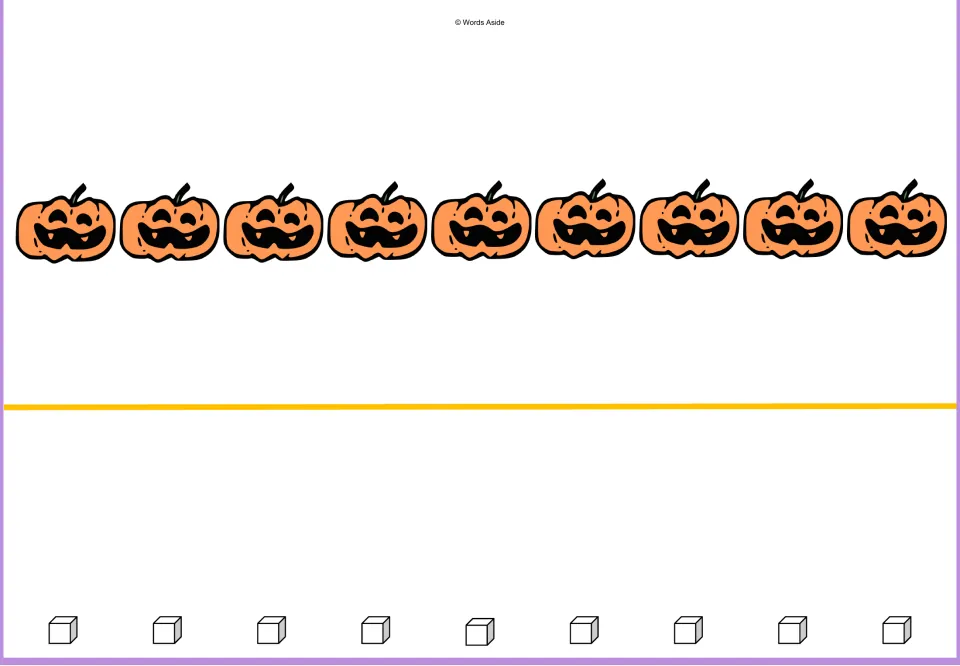 Counting mat for 9: nine orange pumpkins and nine outlined math cube pictures for one-to-one matching practice