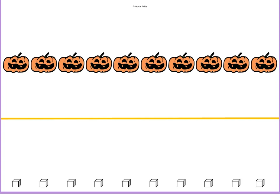 Counting mat for 10: ten orange pumpkins and ten outlined math cube pictures for one-to-one matching practice