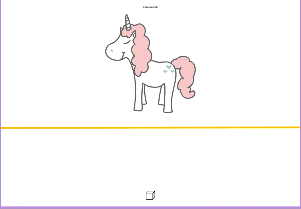 Counting mat for one: one unicorn and one cube represent the first quantity in the counting sequence.