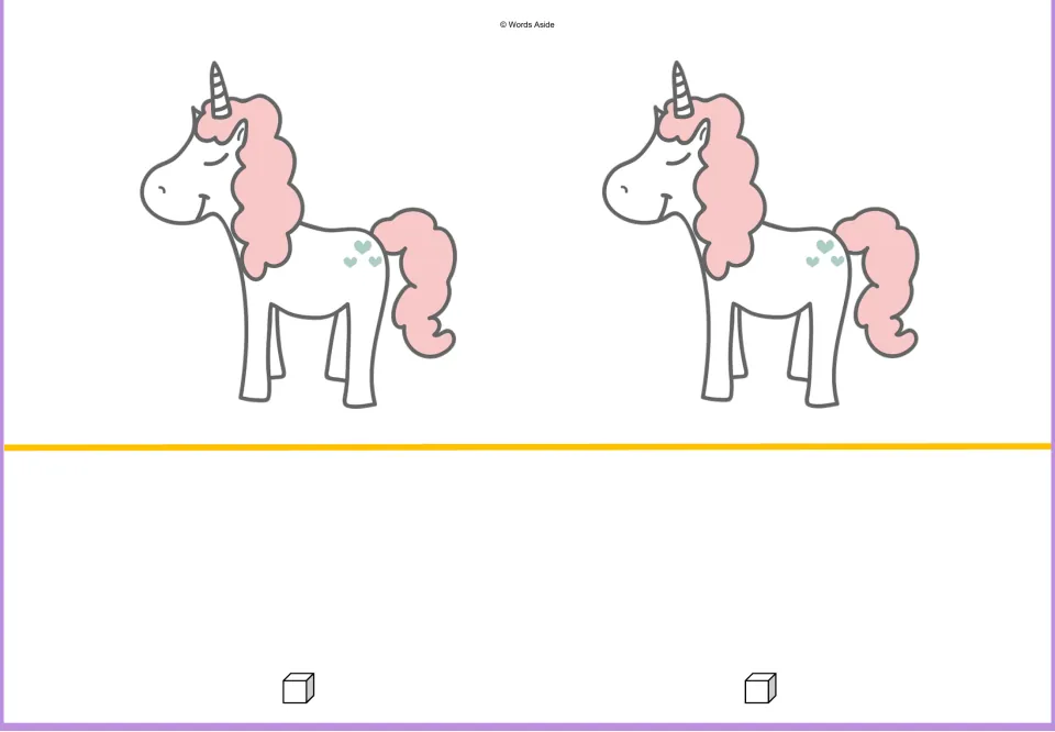 Counting mat for two: two unicorns and two cubes represent matching quantities in the 1–10 sequence.