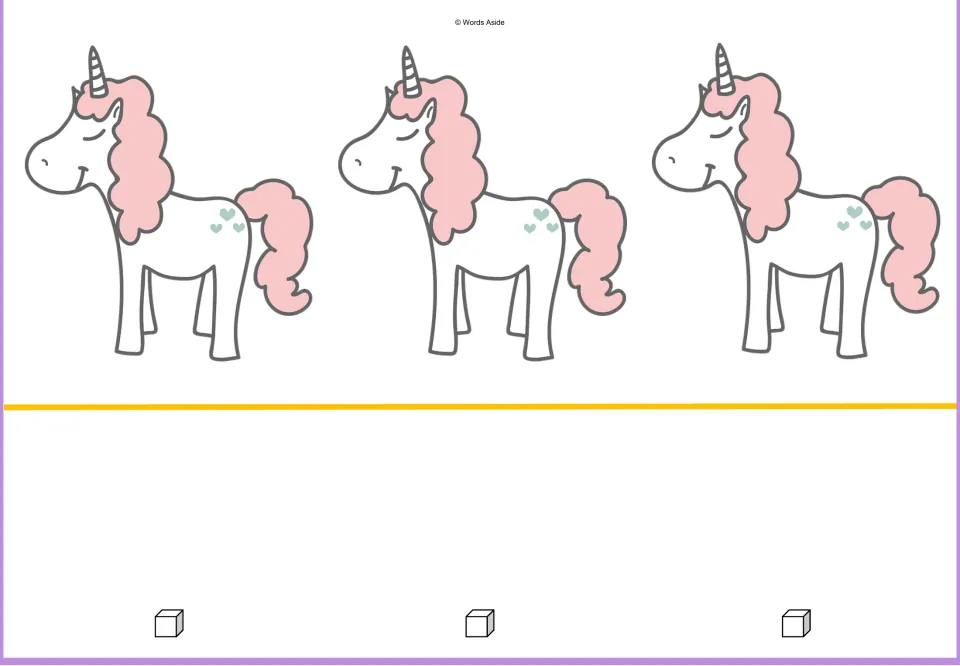 Counting mat for three: three unicorns and three cubes represent matching quantities in the 1–10 sequence.