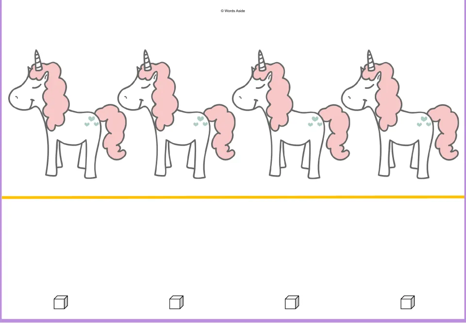 Counting mat for four: four unicorns and four cubes represent matching quantities in the 1–10 sequence.
