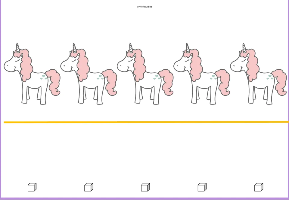 Counting mat for five: five unicorns and five cubes represent matching quantities in the 1–10 sequence.