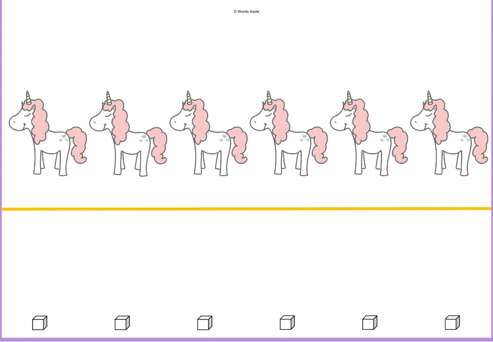Counting mat for six: six unicorns and six cubes represent matching quantities in the 1–10 sequence.