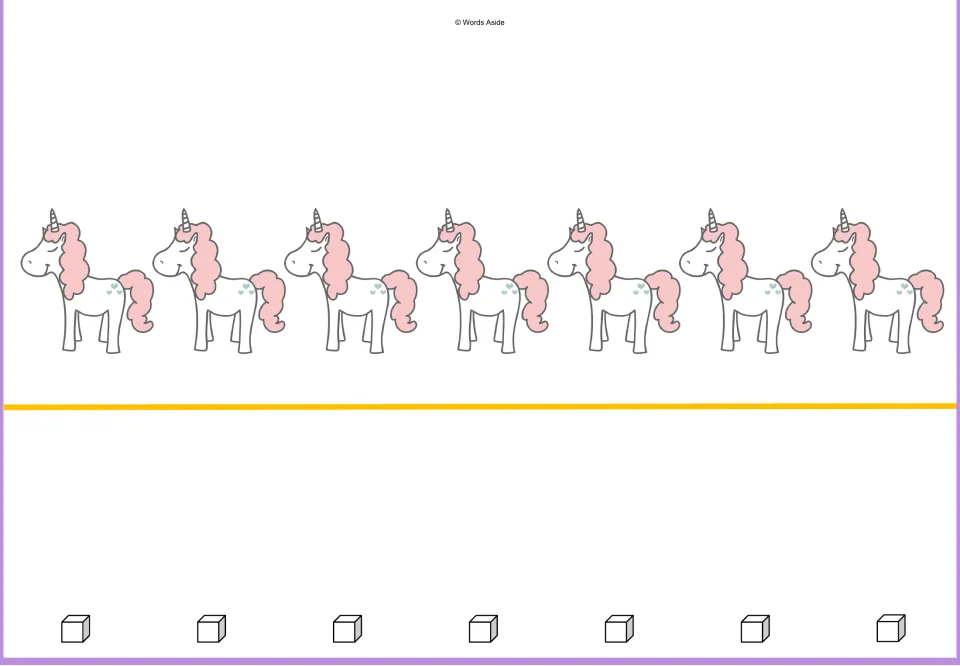 Counting mat for seven: seven unicorns and seven cubes represent matching quantities in the 1–10 sequence.
