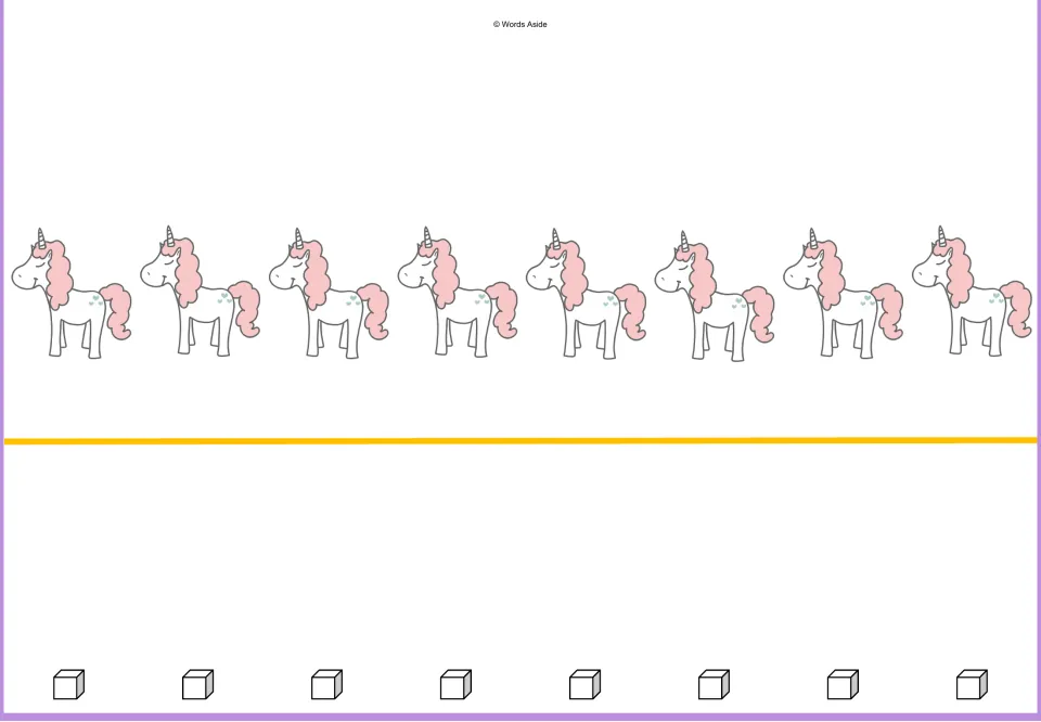 Counting mat for eight: eight unicorns and eight cubes represent matching quantities in the 1–10 sequence.