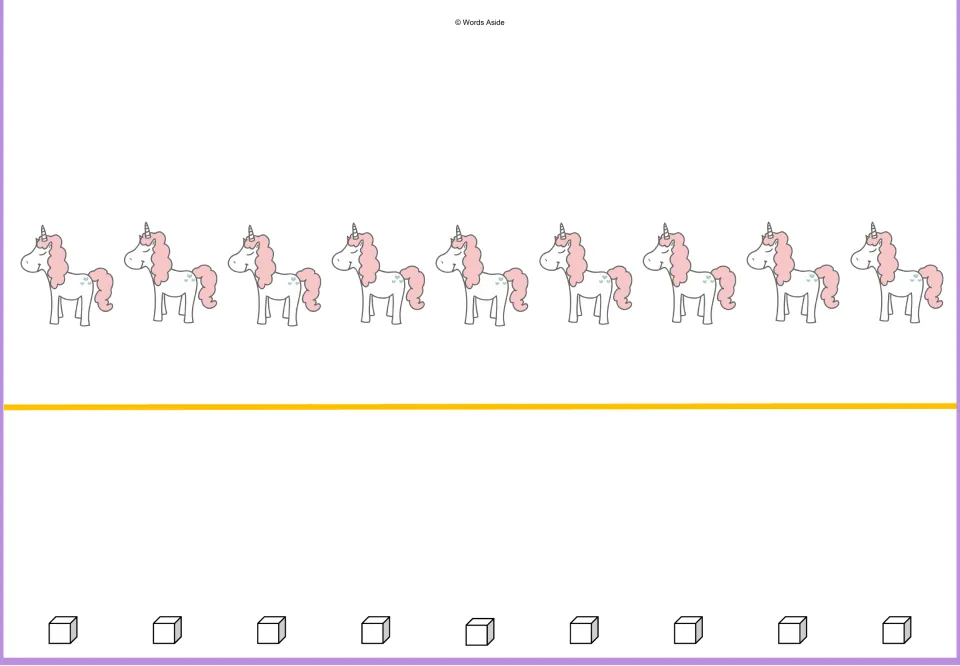 Counting mat for nine: nine unicorns and nine cubes represent matching quantities in the 1–10 sequence.