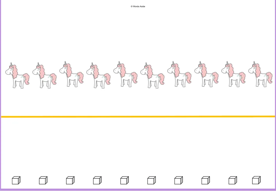 Counting mat for ten: ten unicorns and ten cubes represent matching quantities in the 1–10 sequence.