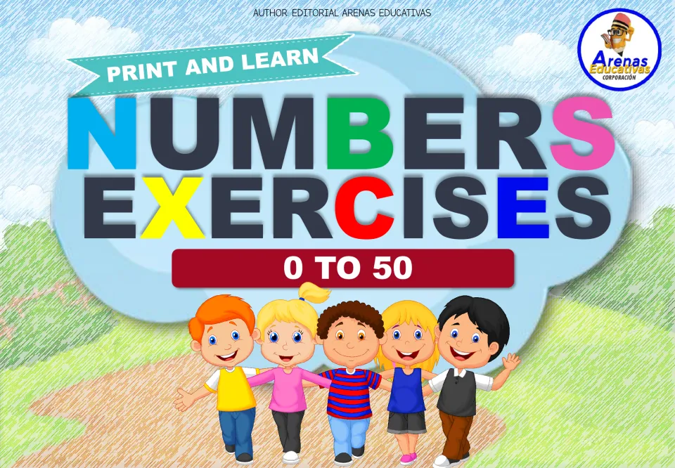 Cover of Print and Learn Numbers Exercises 0 to 50 by Editorial Arenas Educativas, showing five cartoon children on a path