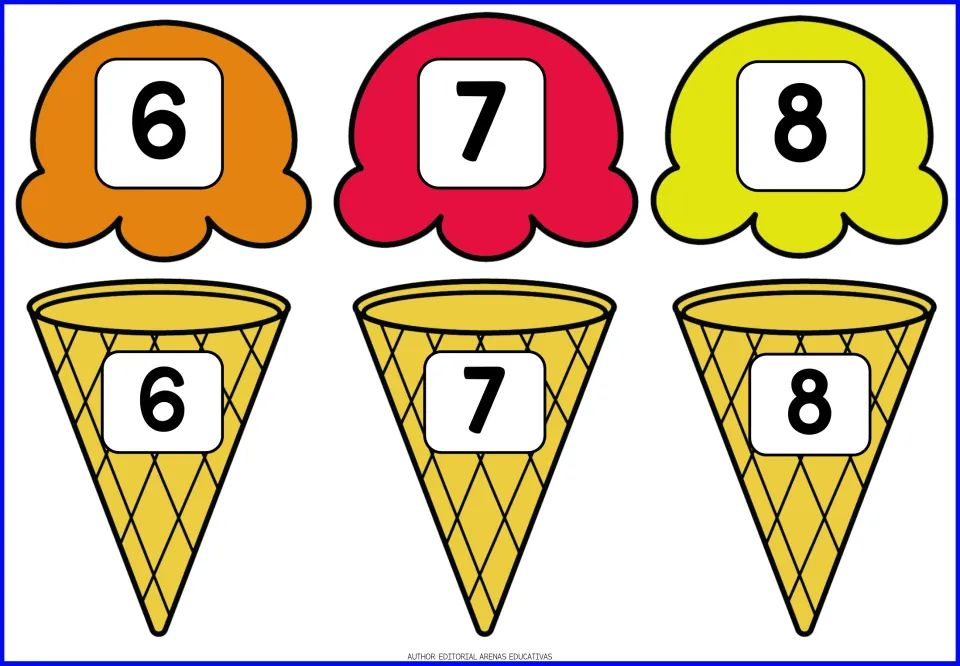 Number matching 6 to 8: orange, red and yellow ice cream scoops with cones labeled 6, 7 and 8 for matching numerals