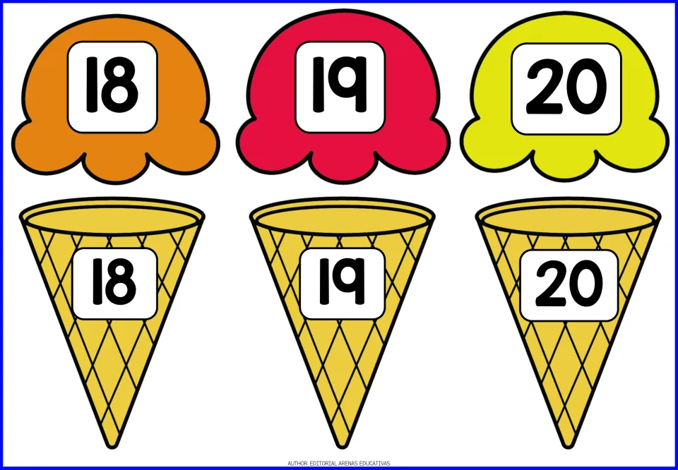 Number matching 18 to 20: ice cream scoops and cones labeled 18, 19 and 20 to pair each scoop with its same-number cone