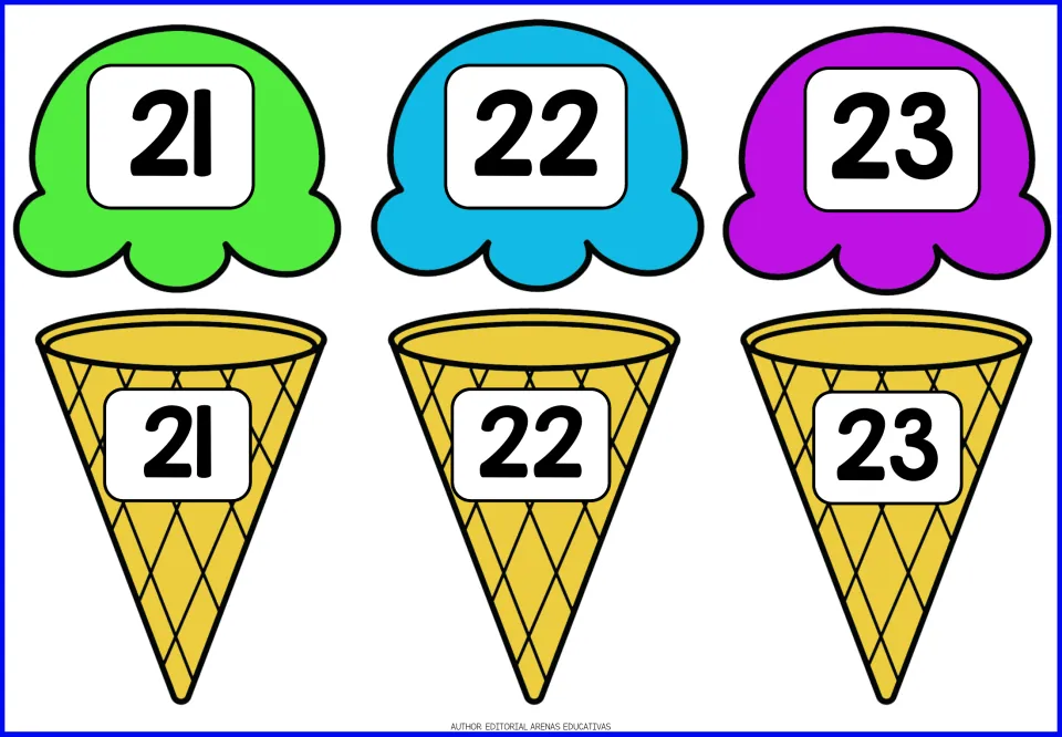 Number matching 21 to 23: green, blue and purple scoops and waffle cones labeled 21, 22 and 23 to match numbers in the 20s