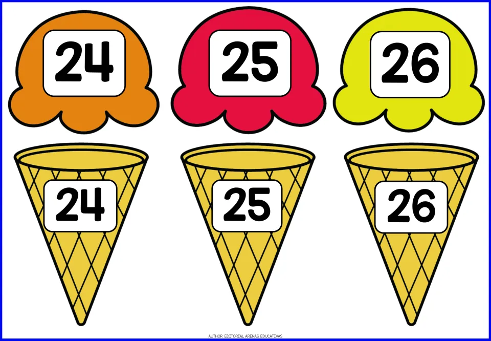 Number matching 24 to 26: orange, red and yellow ice cream scoops and cones labeled 24, 25 and 26 for numeral matching