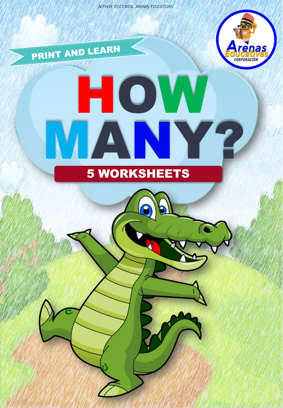 How Many? cover: Print and Learn set of 5 counting worksheets, shown with a smiling cartoon crocodile on a grassy hill