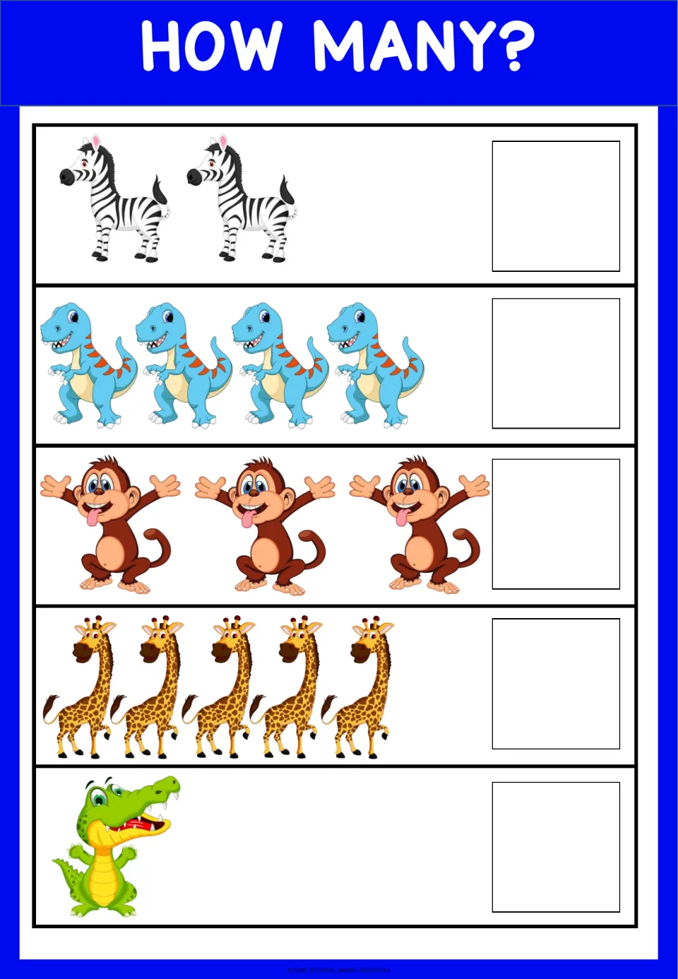 How Many? counting 1 to 5: students count rows of zebras, dinosaurs, monkeys, giraffes and a crocodile and write each total