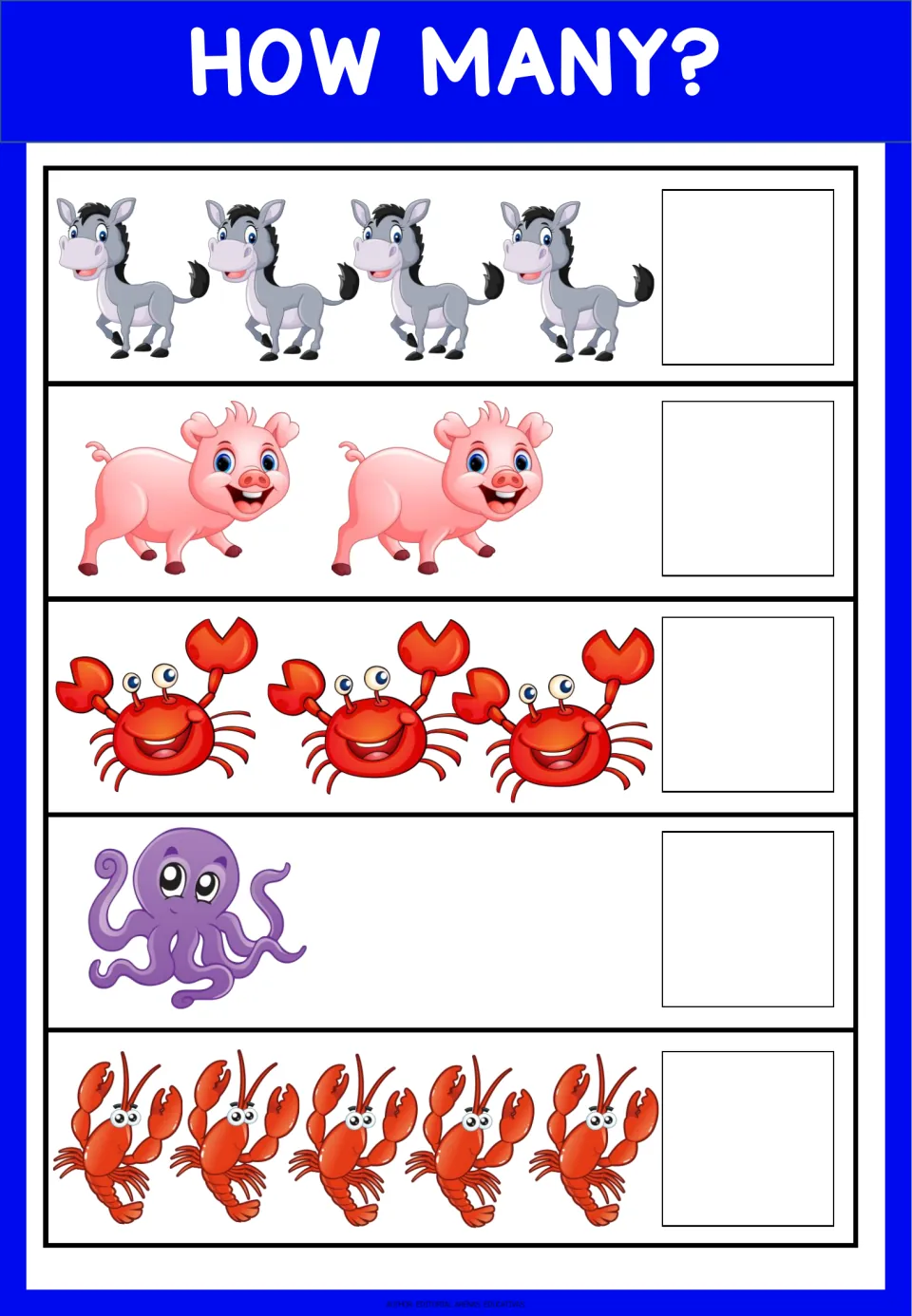 Counting farm and sea animals: students count donkeys, pigs, crabs, an octopus and lobsters and write how many in each row