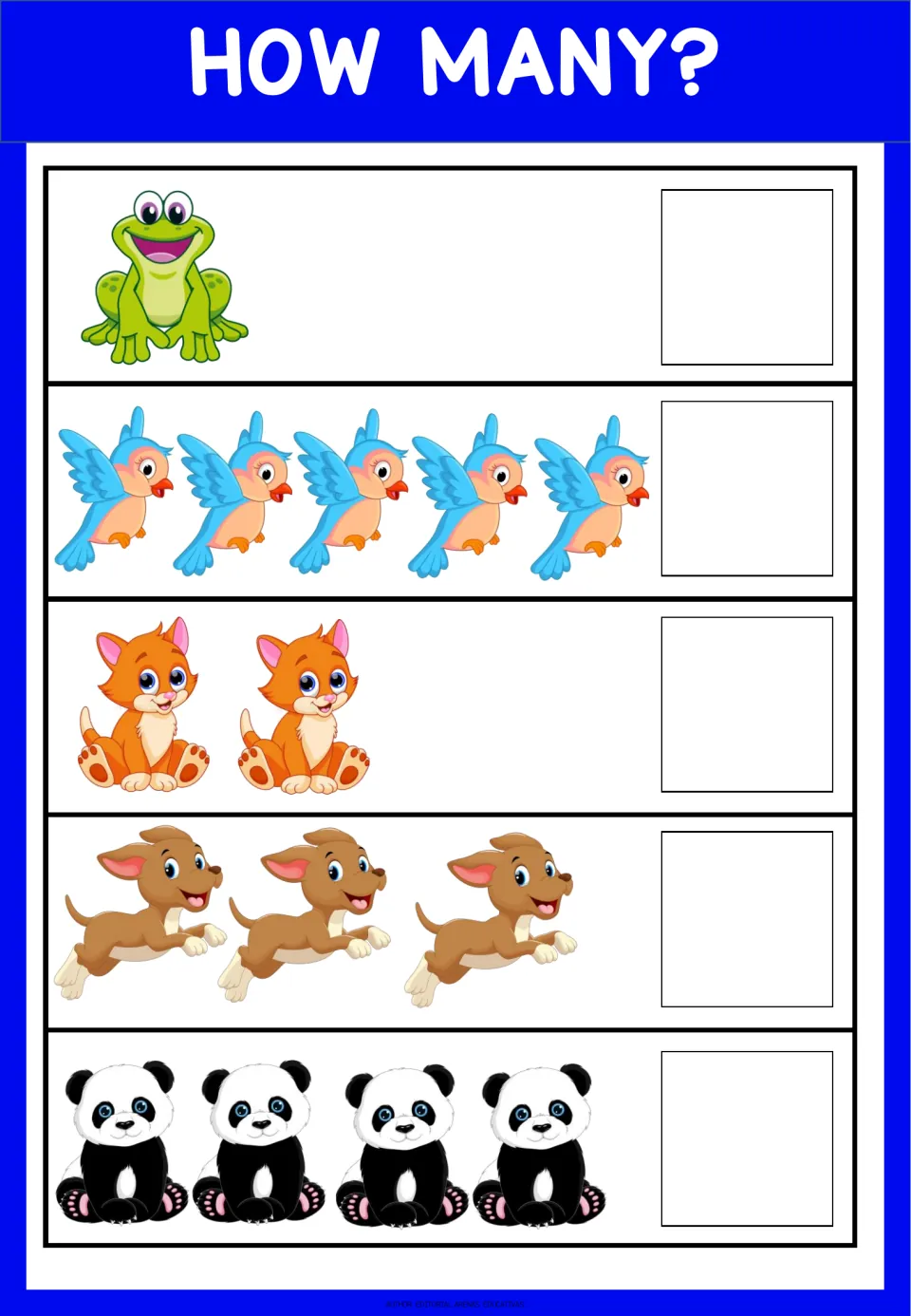Counting pets and wildlife: students count a frog, 5 birds, 2 kittens, 3 puppies and 4 pandas, writing the number for each