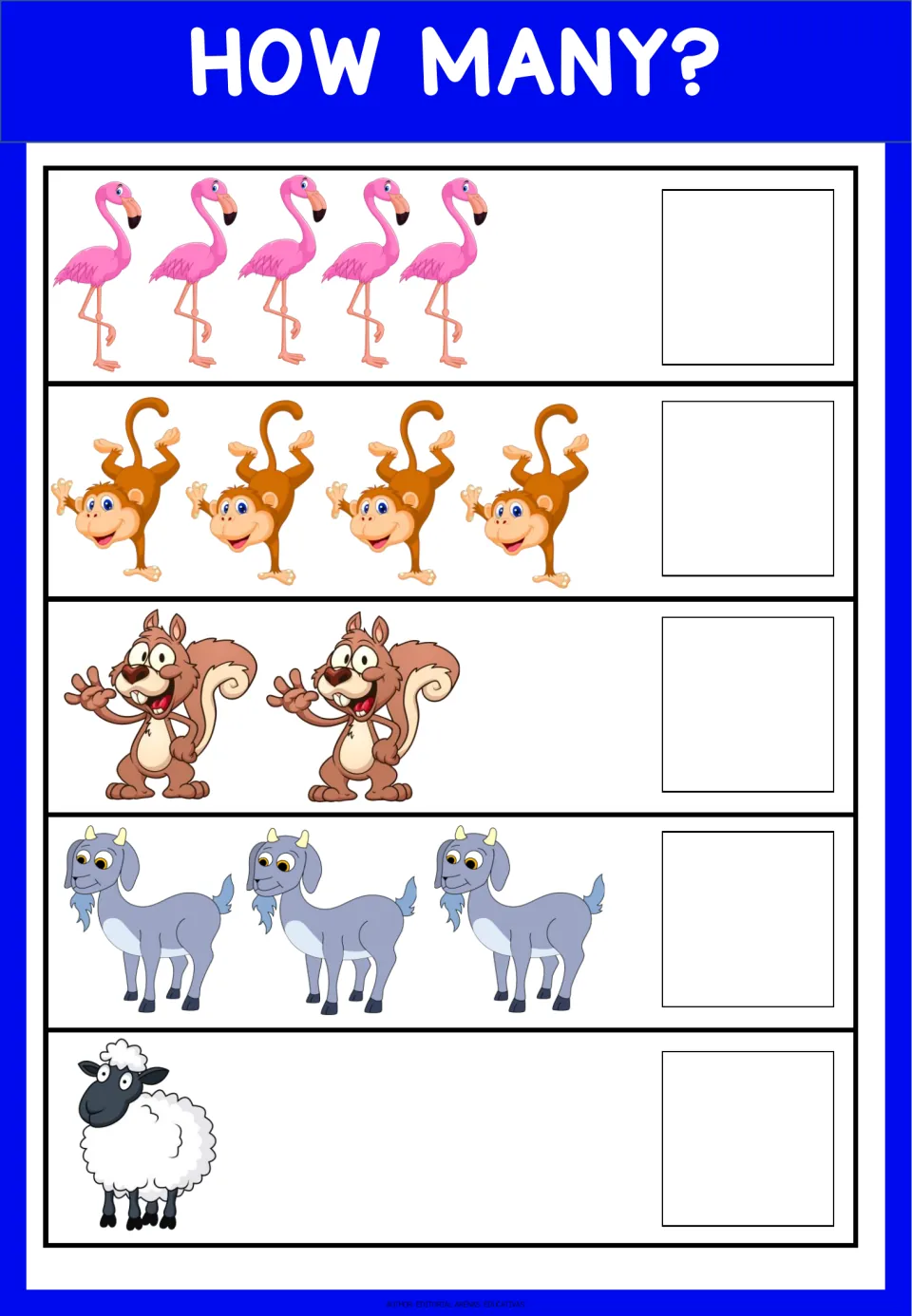 Counting to 5: students count flamingos, monkeys, squirrels, goats and one sheep, then write the total beside each group