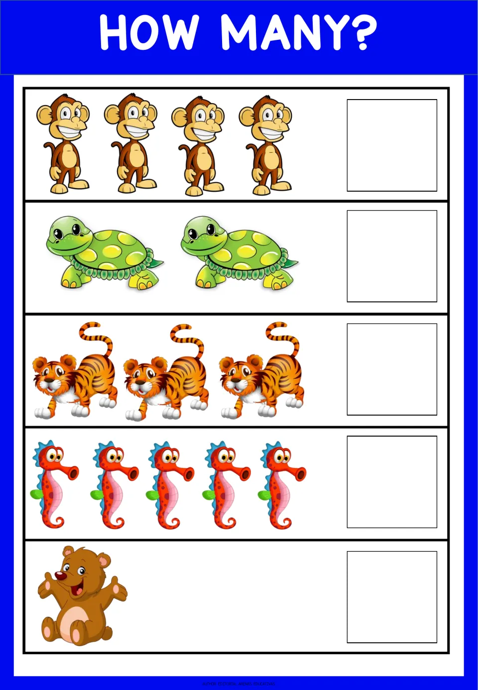 Counting up to 5 animals: students count monkeys, turtles, tigers, seahorses and a bear and write each number
