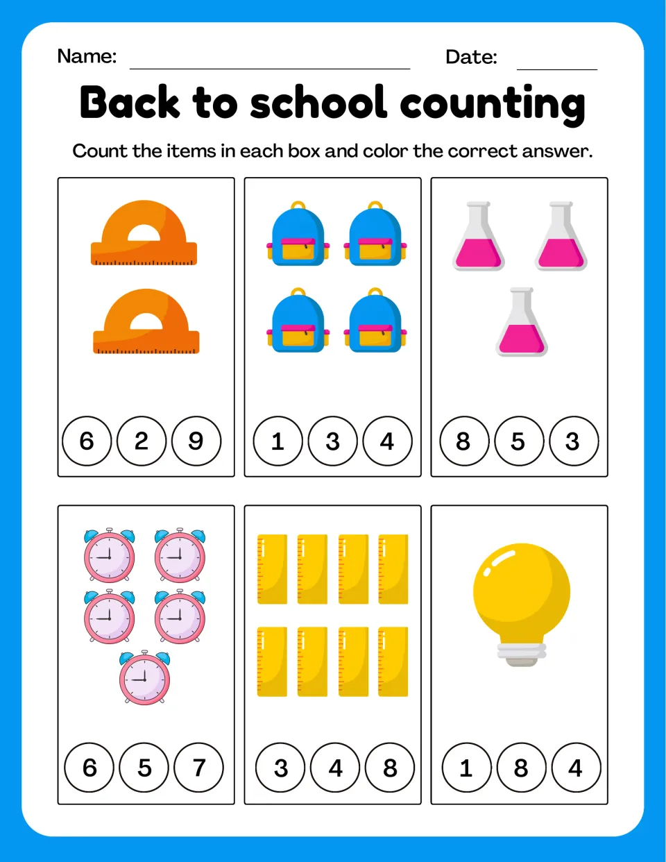 Back to school counting: students count protractors, backpacks, flasks, clocks, rulers and a bulb, then color the total
