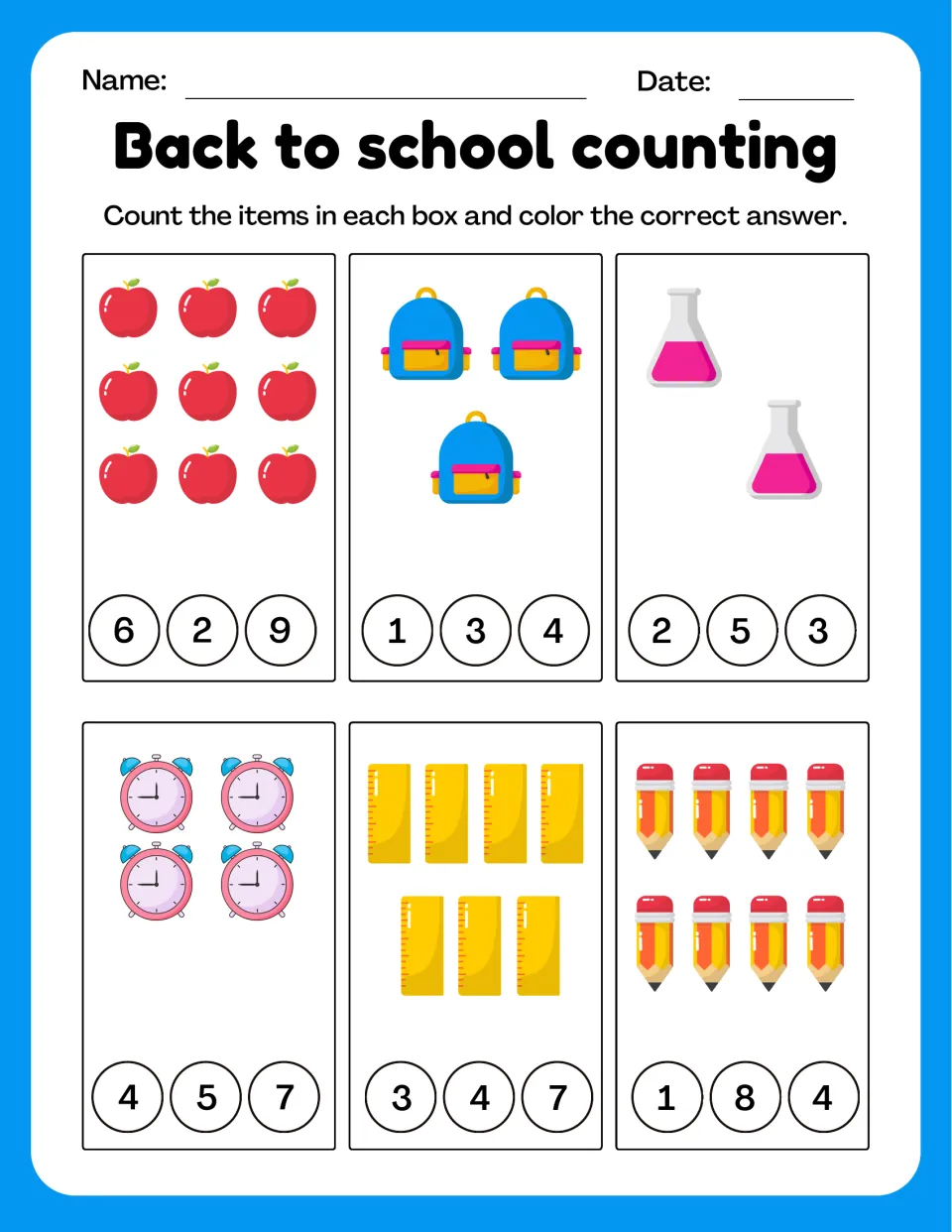 Counting school items: students count apples, backpacks, flasks, clocks, rulers and pencils and color the matching number