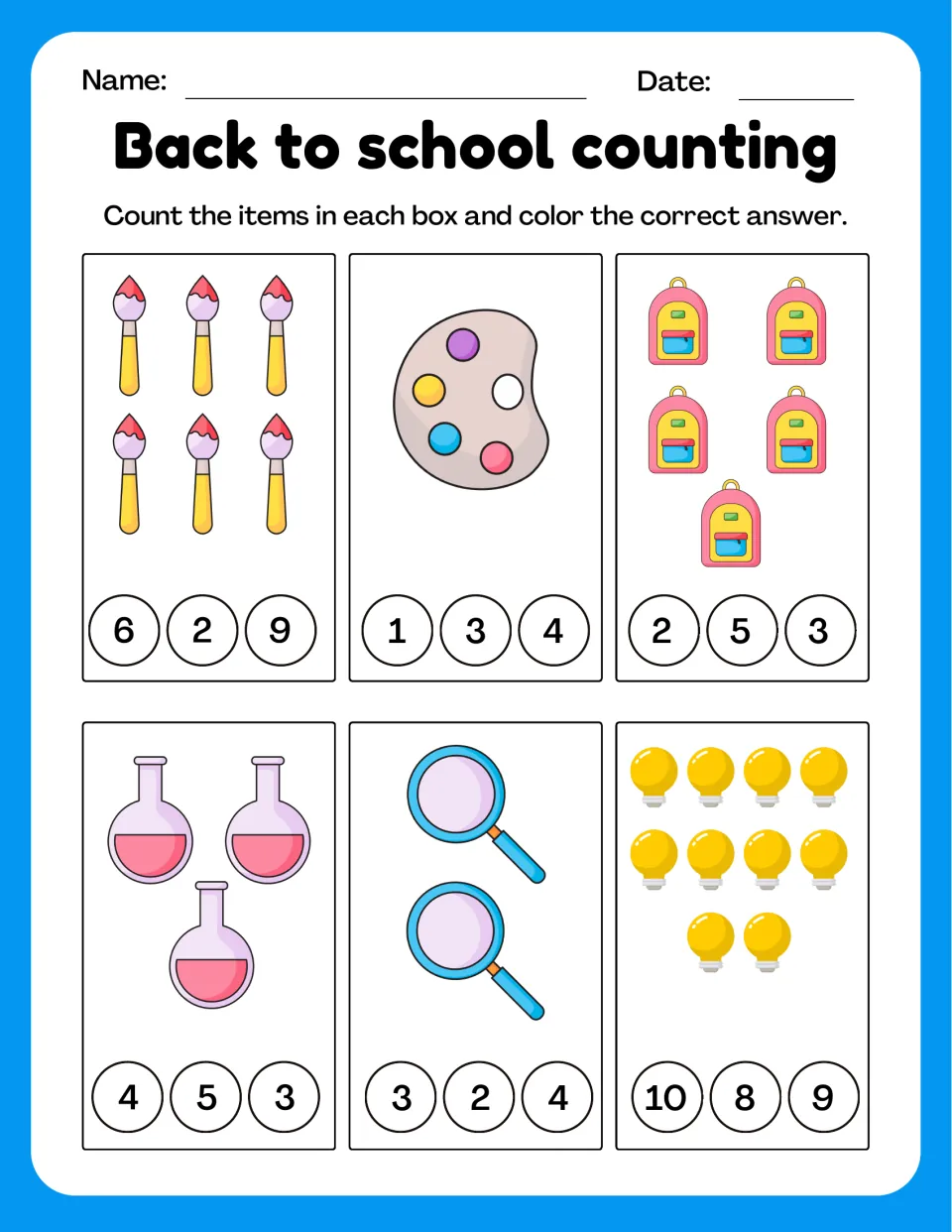 Counting to 10: students count paintbrushes, a palette, backpacks, flasks, magnifiers and bulbs, then color the answer