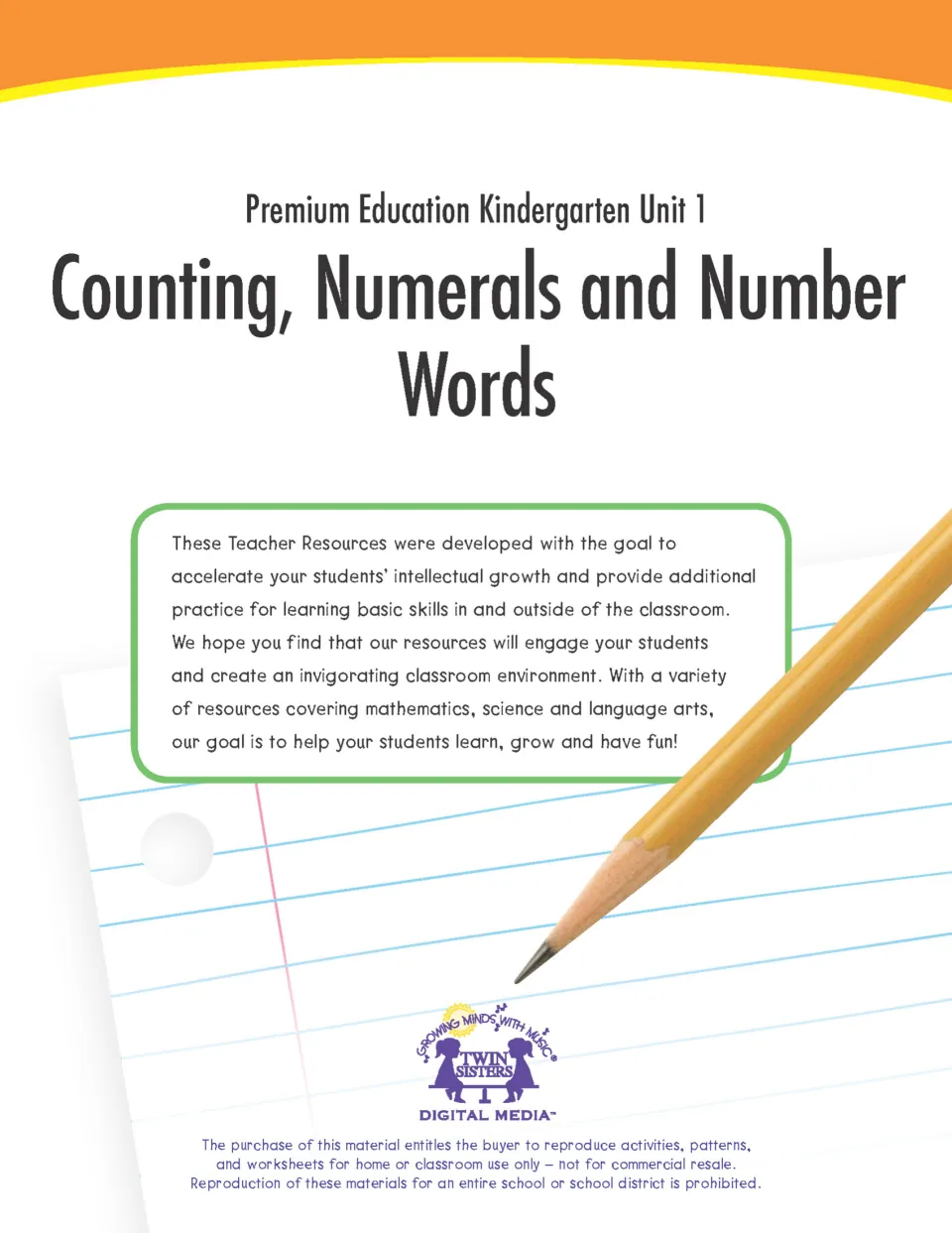 Cover of Premium Education Kindergarten Unit 1: Counting, Numerals and Number Words, from Twin Sisters Digital Media
