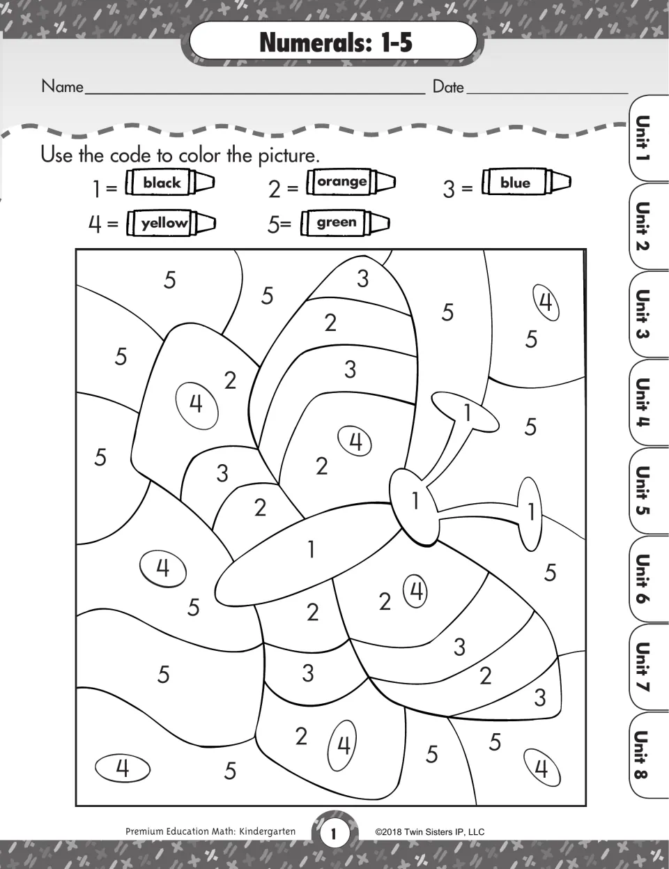 Numerals 1-5 color by number: students use a crayon code (1 black to 5 green) to color a butterfly picture