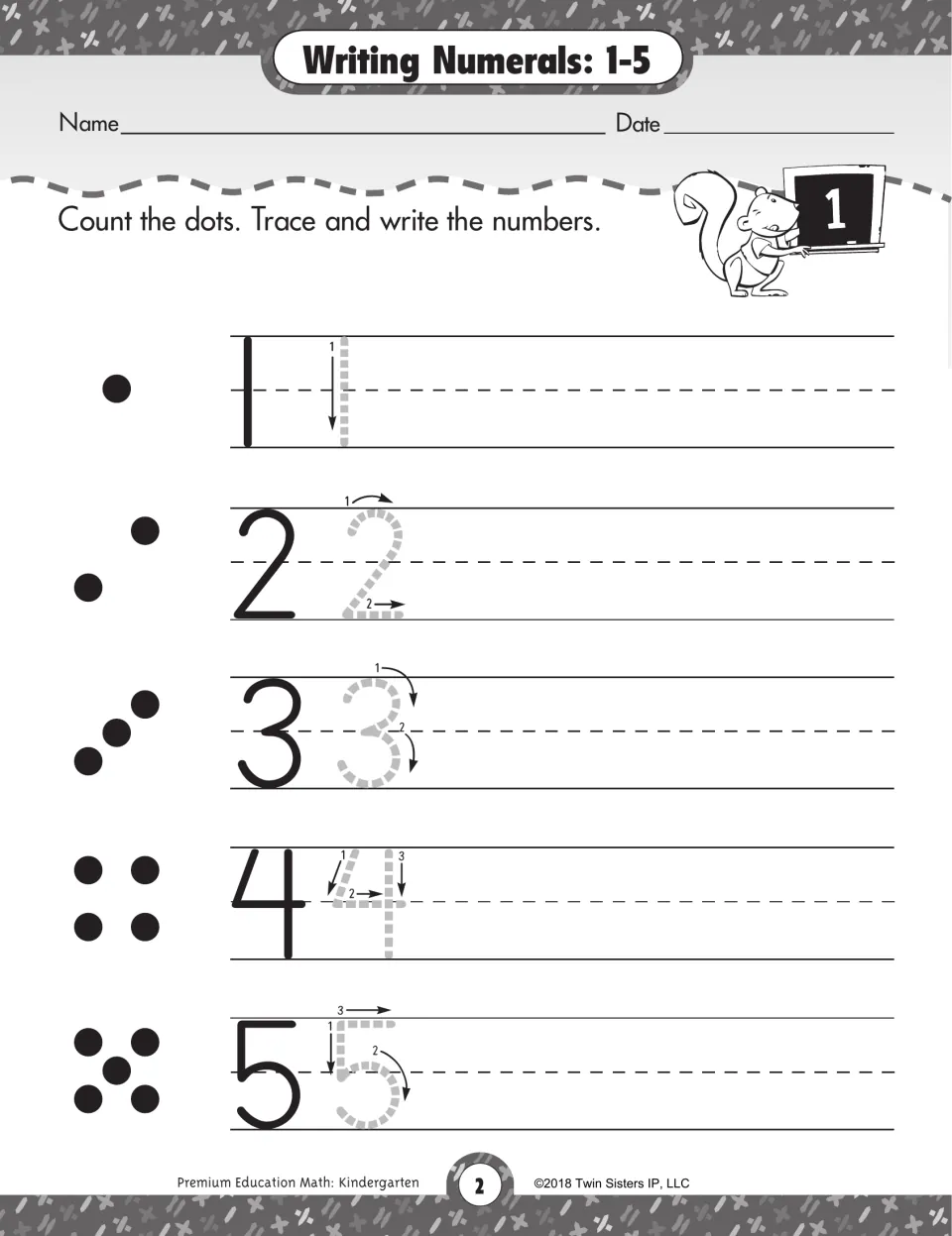 Writing numerals 1-5: students count dot sets, then trace each number with stroke arrows and write it again