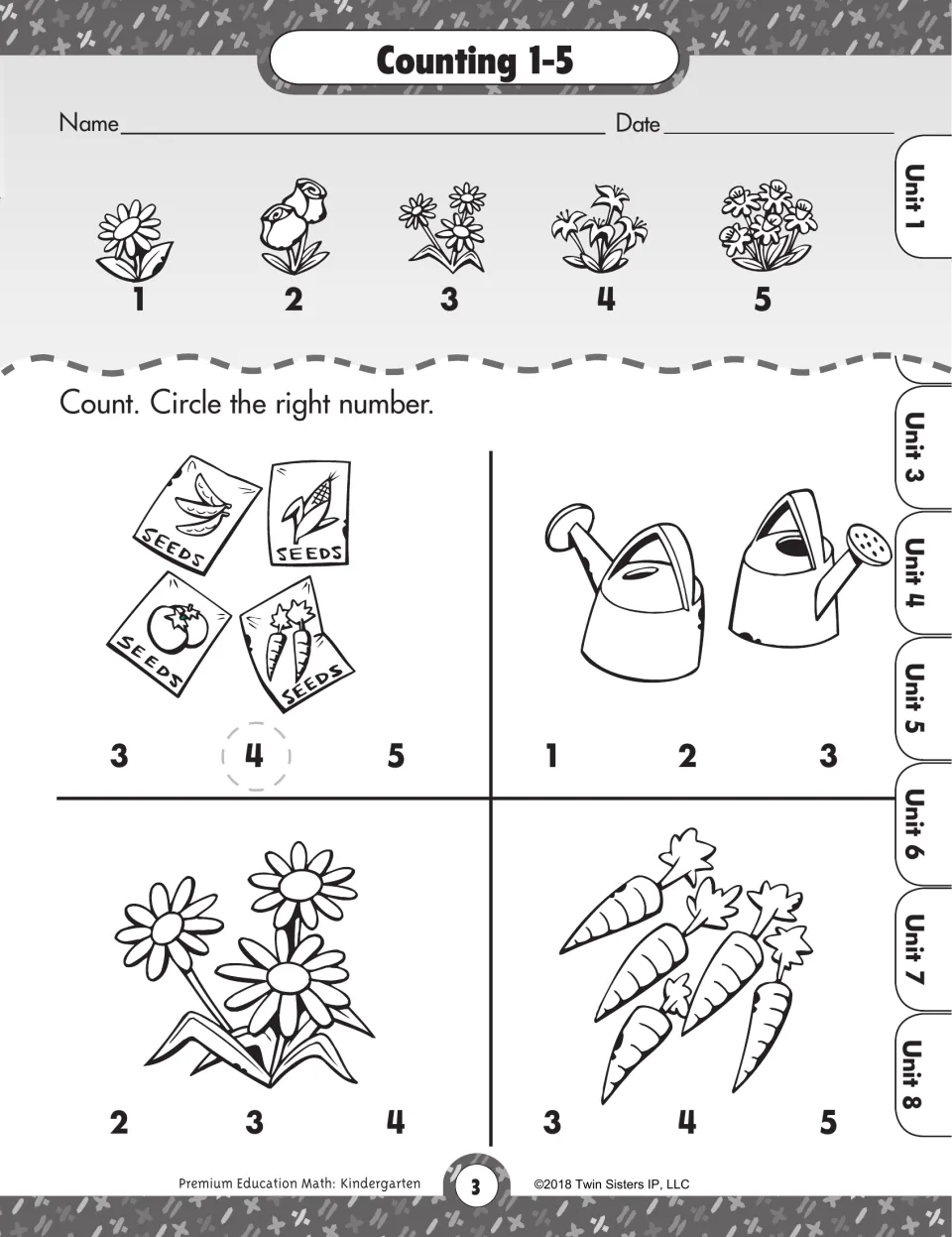 Counting 1-5: students count seed packets, watering cans, daisies and carrots and circle the matching number