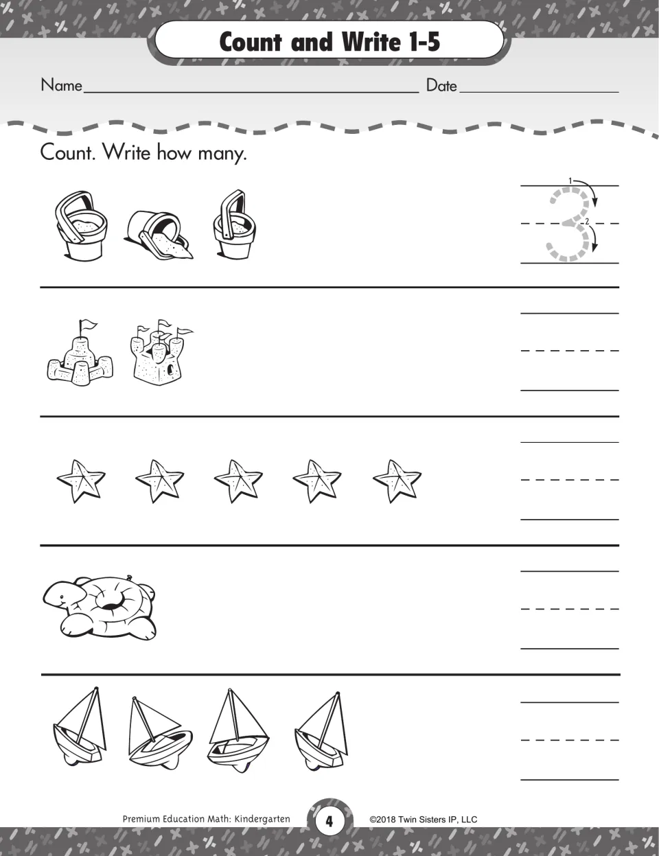 Count and write 1-5: students count beach pails, sandcastles, starfish, a turtle float and sailboats and write how many