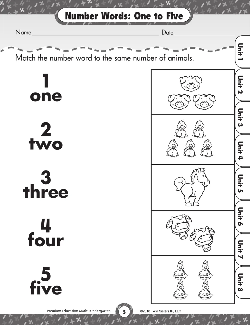Number words one to five: students match each numeral and word to a set of farm animals, such as pigs, ducks or a horse