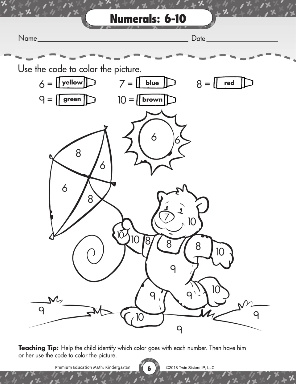 Numerals 6-10 color by number: students follow a crayon code (6 yellow to 10 brown) to color a bear flying a kite