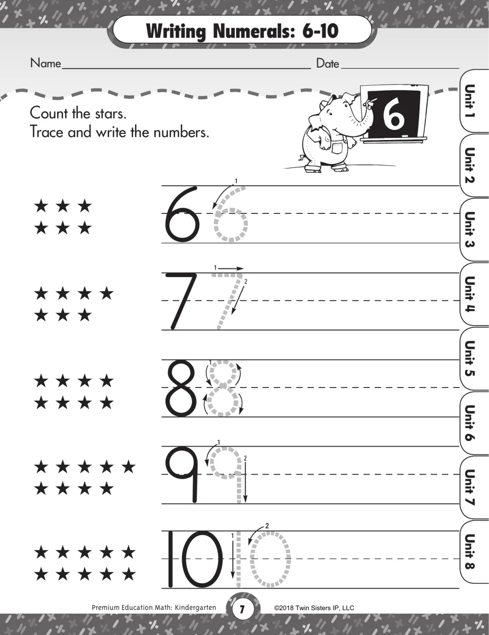 Writing numerals 6-10: students count rows of stars, then trace each number using stroke arrows and write it themselves