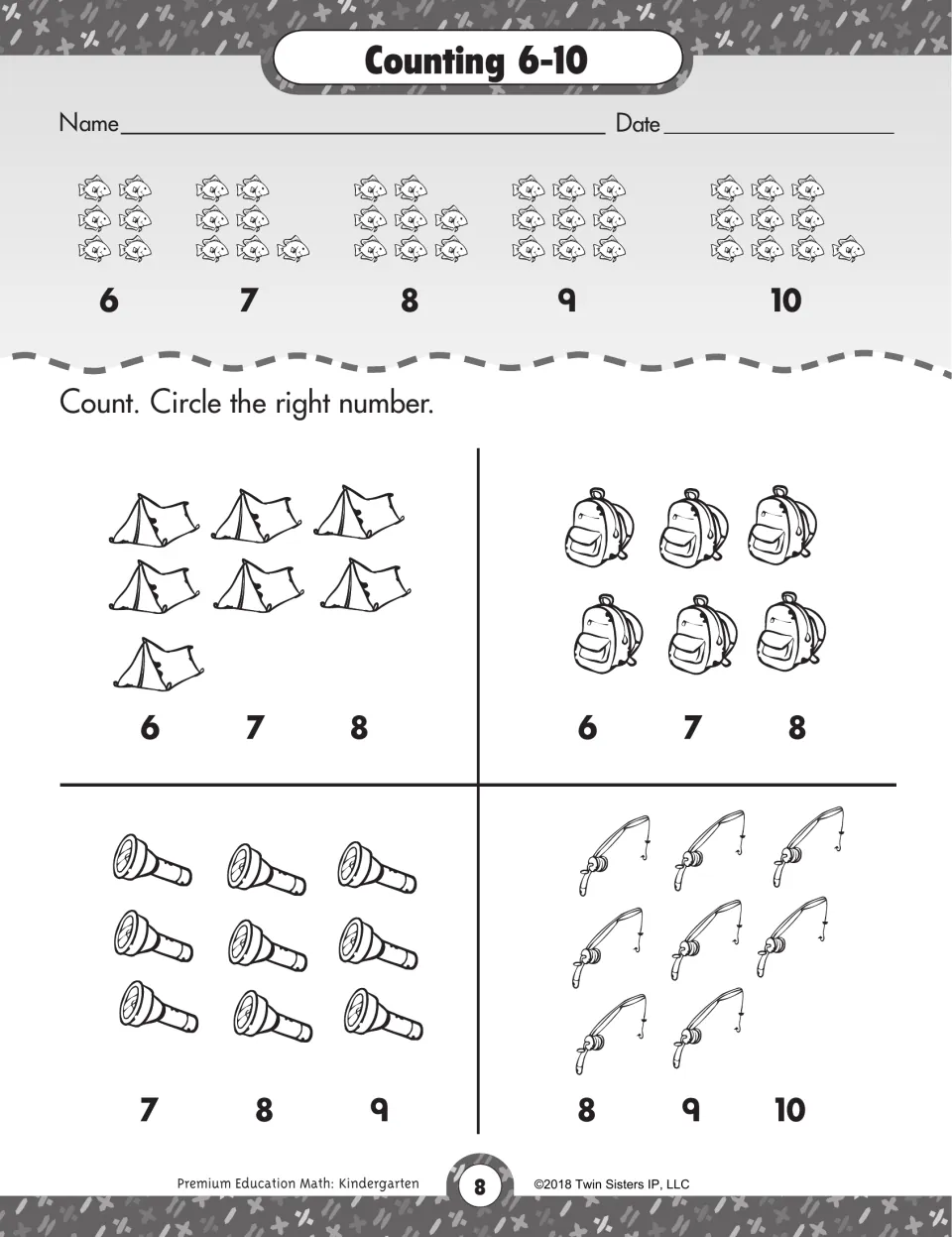 Counting 6-10: students count tents, backpacks, flashlights and fishing rods and circle the correct number for each set