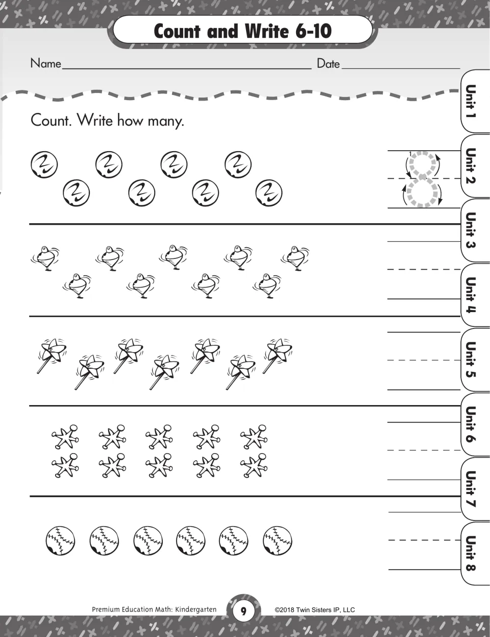 Count and write 6-10: students count marbles, spinning tops, pinwheels, jacks and baseballs and write each total