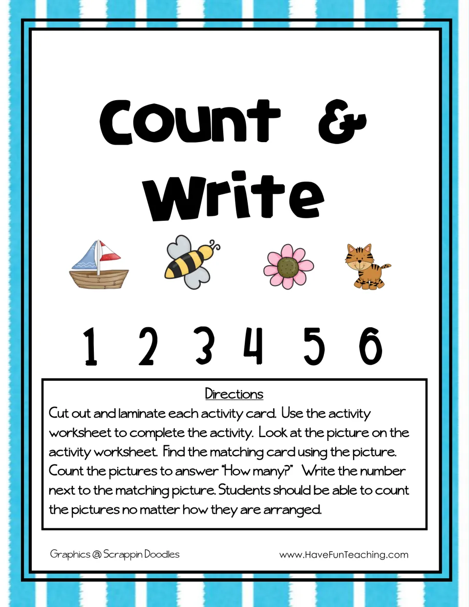 Count & Write cover with numbers 1 to 6 and directions: cut out picture cards, count each set and write how many