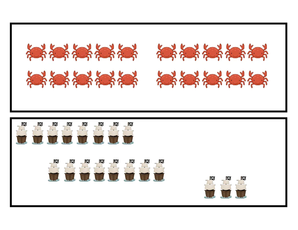 Counting cards: students count 20 crabs in four groups of five and 19 pirate ships scattered in three groups