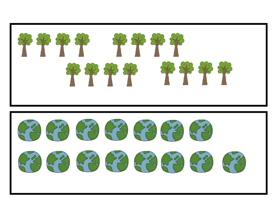 Counting cards: students count 16 trees arranged in four groups of four and 15 Earth globes in two rows