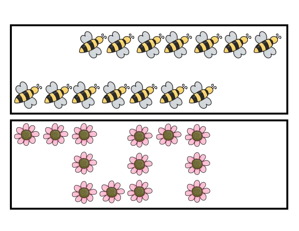 Counting cards: students count 14 bumblebees in two offset rows and 13 pink flowers spread in a loose pattern