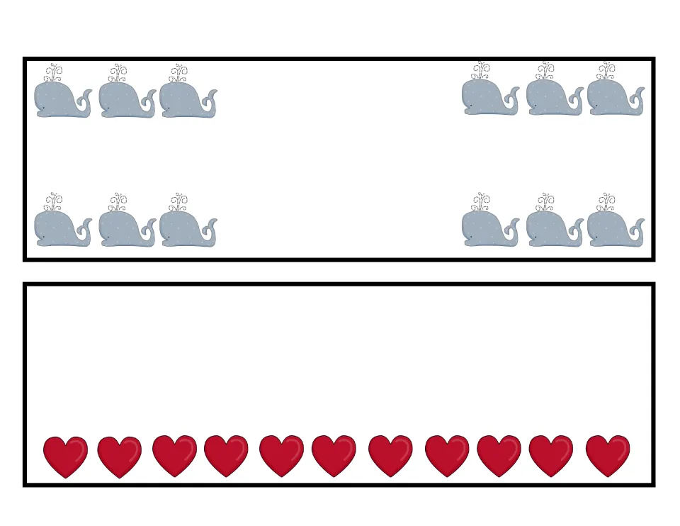 Counting cards: students count 12 whales split into four corner groups of three and 11 red hearts in one row