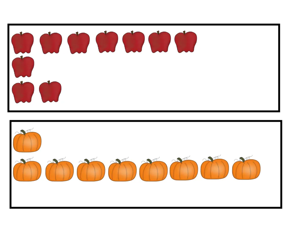 Counting cards: students count 10 red apples in uneven rows and 9 orange pumpkins, one above a row of eight