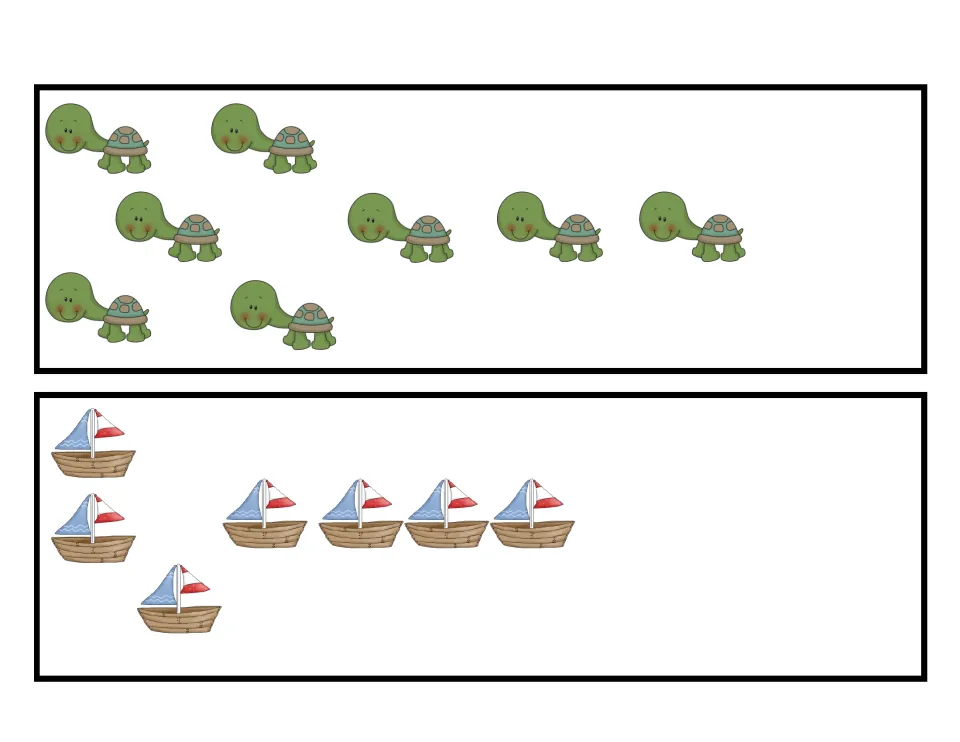 Counting cards: students count 8 green turtles in a scattered layout and 7 sailboats placed in uneven groups