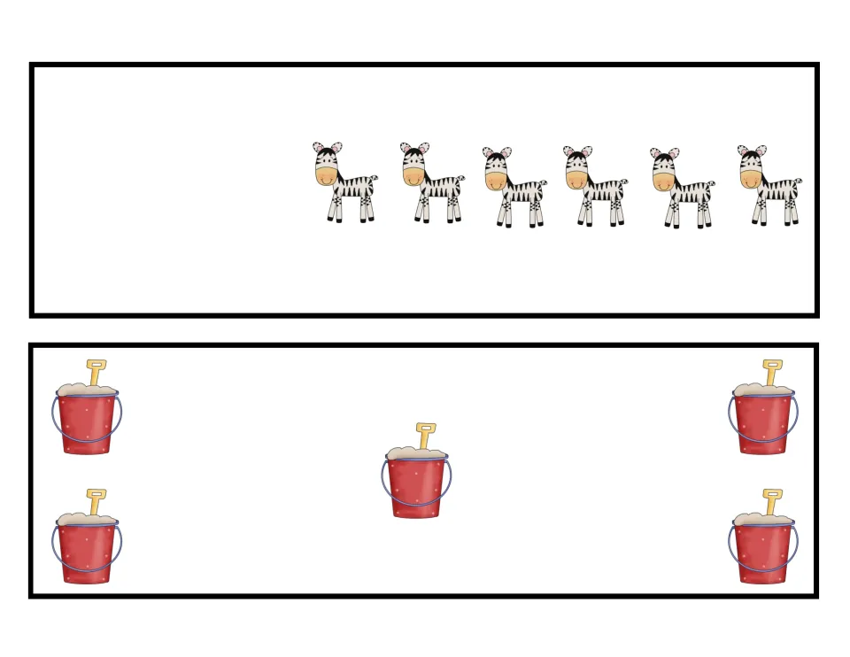 Counting cards: students count 6 zebras standing in a row and 5 sand buckets with shovels spread across the card