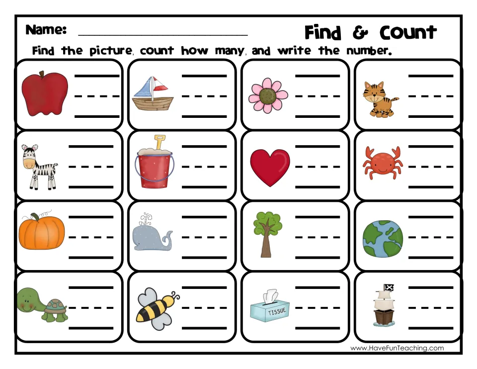 Find & Count recording sheet: students match 16 pictures, such as apple, crab and whale, to cards and write each count