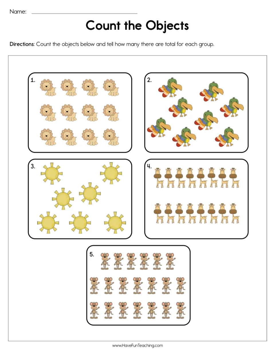 Count the Objects: students count five groups of lions, parrots, suns, giraffes and mice and tell each group's total