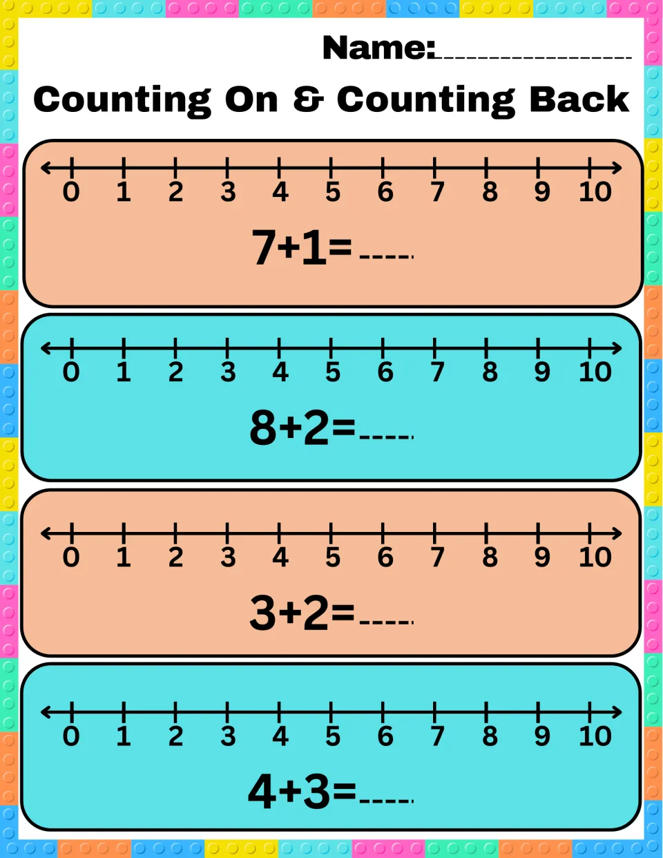Counting On & Counting Back: students count on along 0-10 number lines to solve 7+1, 8+2, 3+2 and 4+3, writing each sum