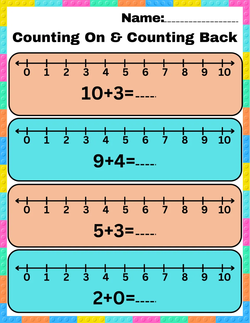 Counting on with 0-10 number lines: students find 10+3, 9+4, 5+3 and 2+0, including sums past 10 and adding zero