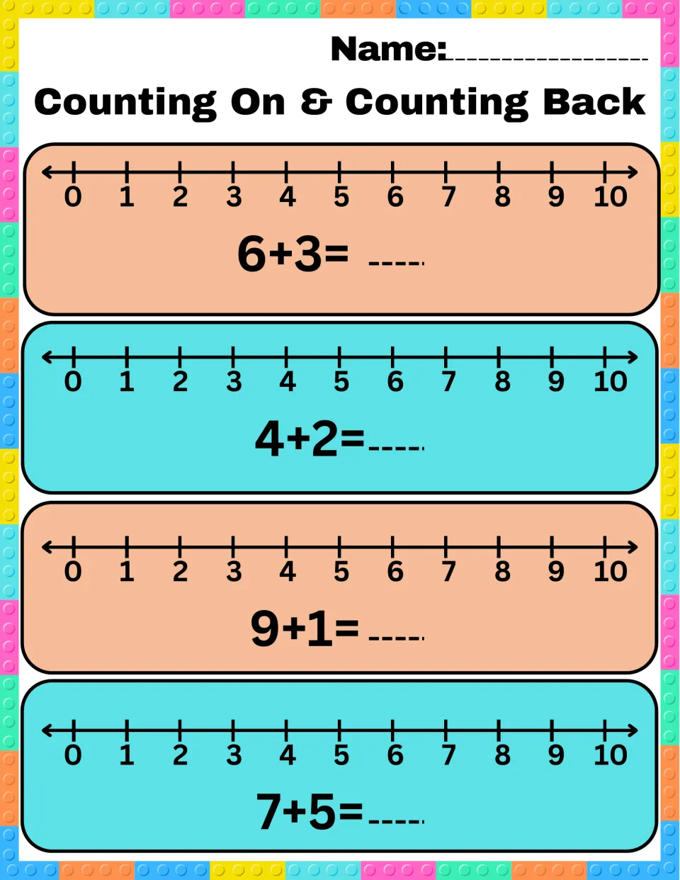 Addition by counting on: students use a 0-10 number line for each of 6+3, 4+2, 9+1 and 7+5 and write the totals