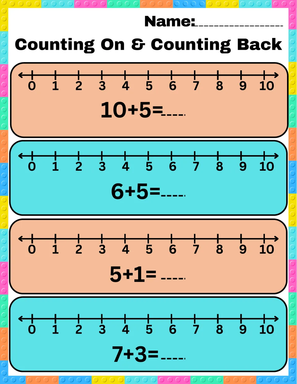 Counting on to add: students start at the first number on a 0-10 number line to solve 10+5, 6+5, 5+1 and 7+3